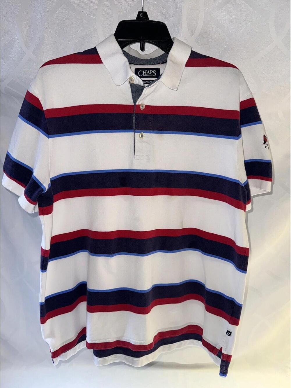 Chaps Polo Shirt Mens Large Red Blue Striped Short Sleeve Stretch